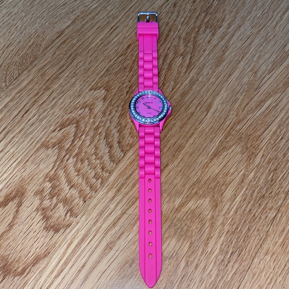 Geneva Adjustable Jelly Watch - Neon Pink w/ Rhinestone Details